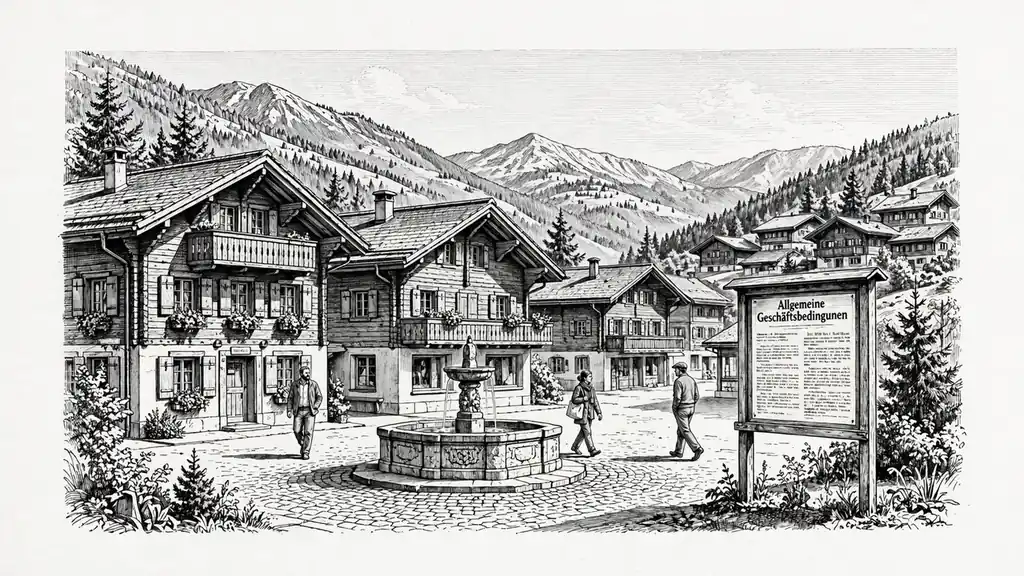 Schweizer Platz mit Hausfronten und Brunnen, Menschen gehen vorbei, AGB-Schriftzug auf Plakat