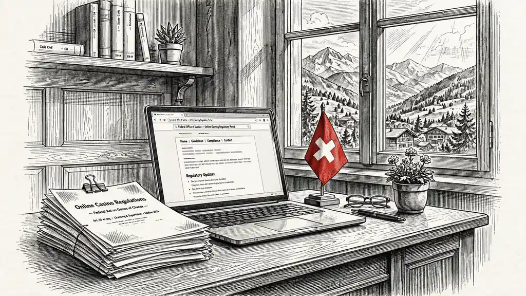 Schweizer Büro mit Rechtsdokumenten und Alpenblick