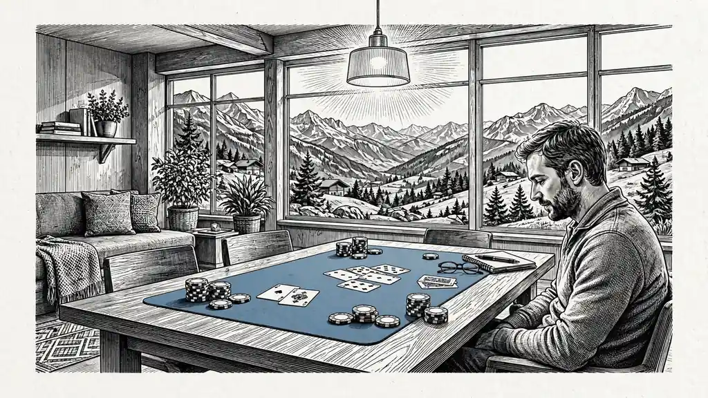 Eleganter Lounge mit Schweizer Alpenblick und Blackjack-Tisch
