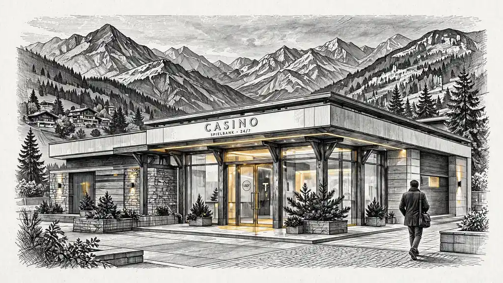 Modernes Schweizer Casino bei Dämmerlicht mit dezentem USDT-Symbol