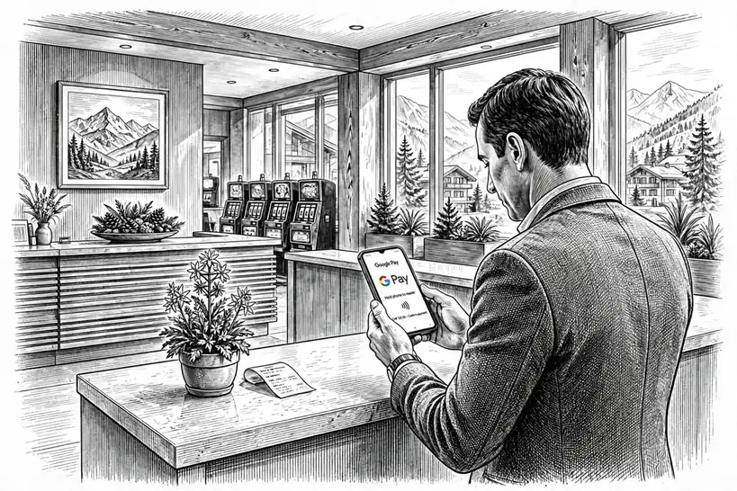 Schweizer Casino-Lobby mit Smartphone und Google Pay Symbol