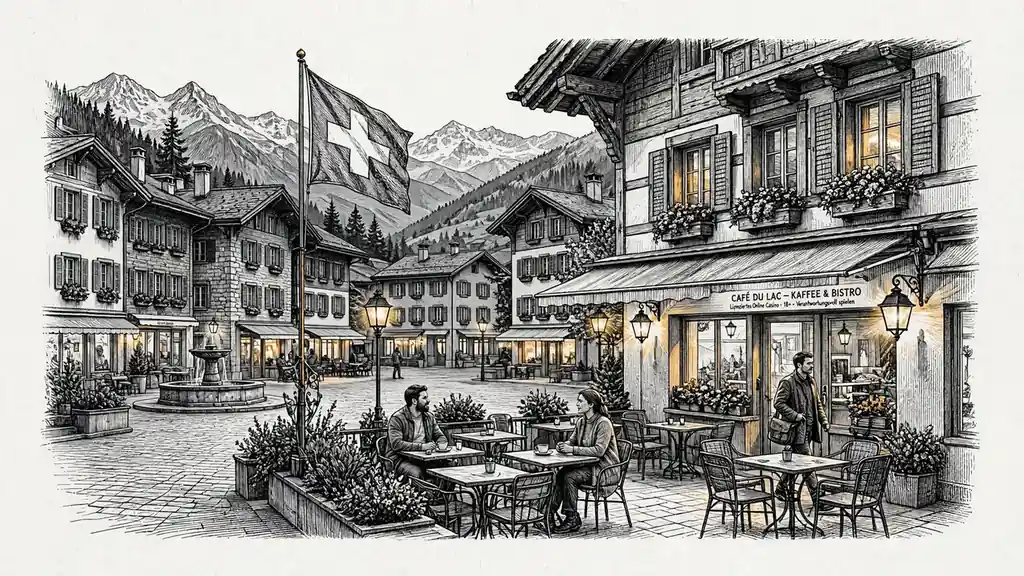 Schweizer Platz bei Abendlicht mit Café und Flagge