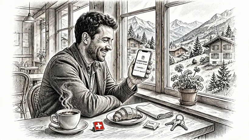 Junger Schweizer im Café mit Handy und Bonusanzeige