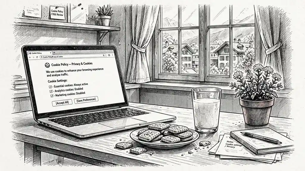 Schweizer Büro mit Laptop, Keksen und Alpenblume