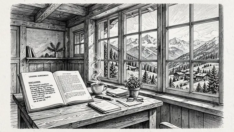 Schweizer Büro mit Rechtsdokument und Alpenblick
