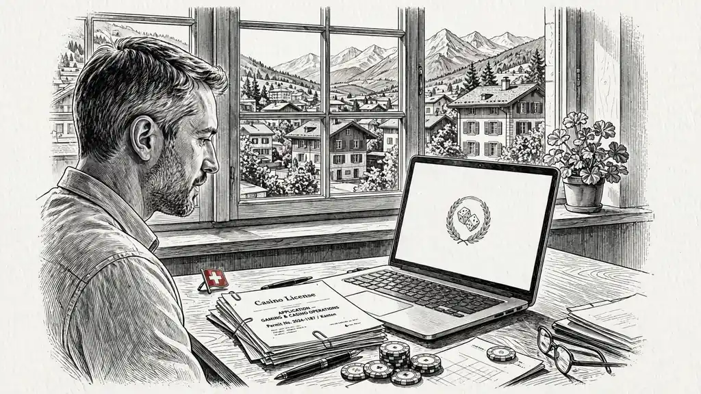 Schreibtisch mit Schweizer Flagge, Lizenzdokumenten und Casino-Chips
