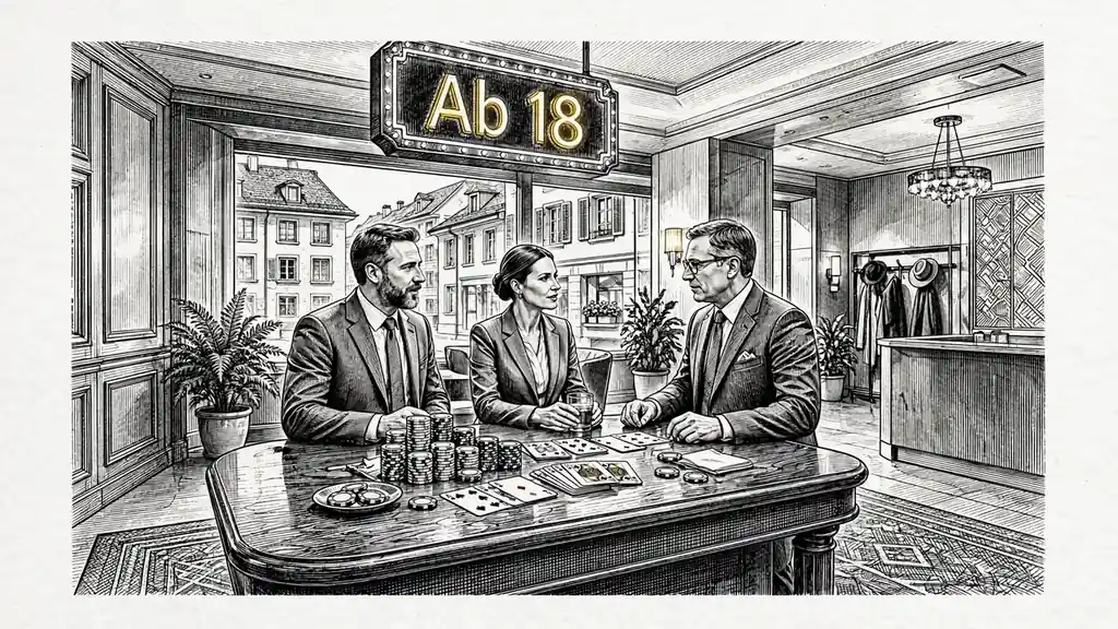 Casino-Lobby mit 'Ab 18' Hinweis und Chips