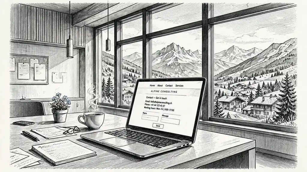 Modernes Schweizer Büro mit Laptop, Kaffeetasse und Alpenblick im Tageslicht