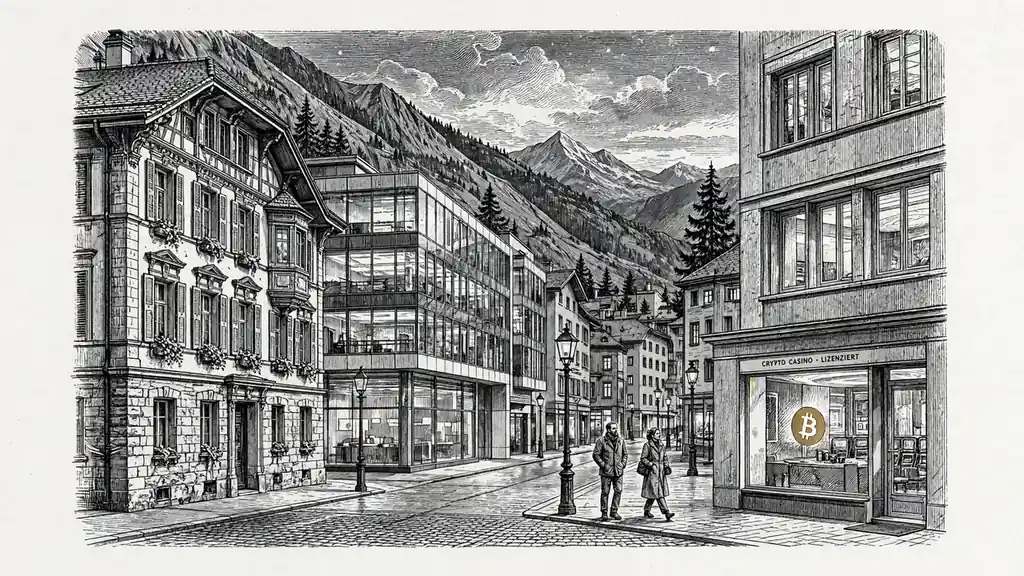 Schweizer Stadt bei Dämmerlicht mit Kryptosymbol im Schaufenster