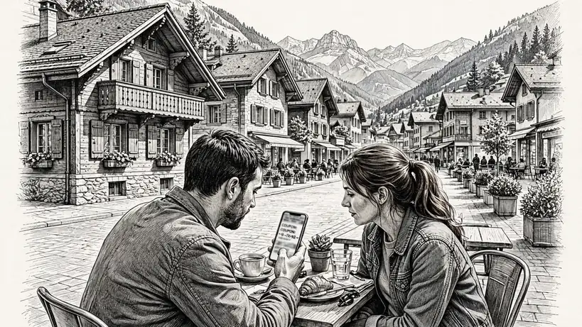 Junges Paar in Zürich mit Smartphone und Gutschein-Code