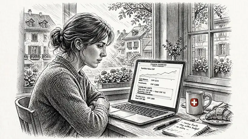 Junge Frau im Schweizer Café betrachtet Laptop bei Tageslicht
