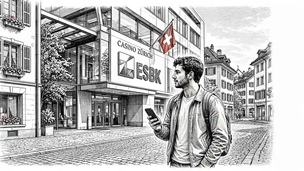Junge Person mit Smartphone vor modernem Casino in Zürich bei Tageslicht