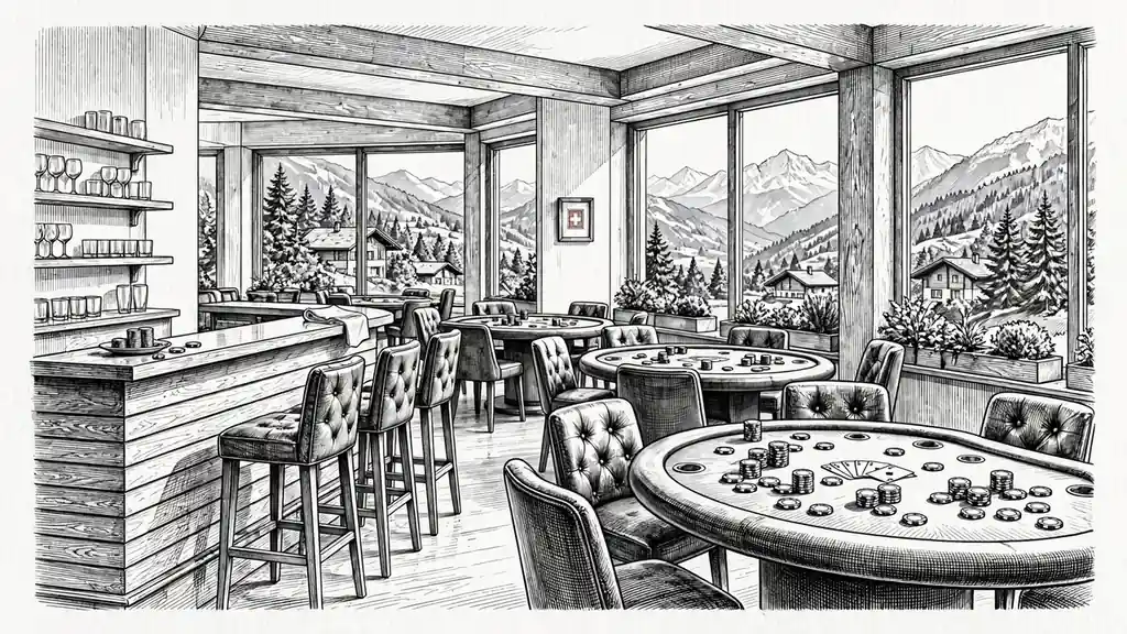 Modernes Casino-Interieur in der Schweiz mit Alpenblick und entspannten Sitzgelegenheiten