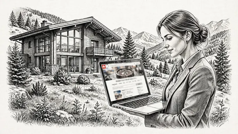 Junge Frau vor Schweizer Chalet mit Laptop und Casino-Website