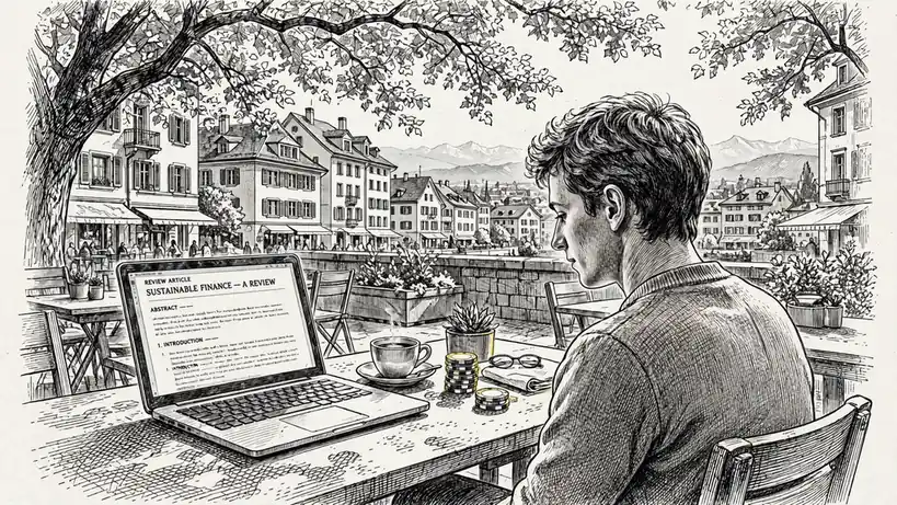 Person arbeitet am Laptop im Zürcher Café mit Casinotoken.
