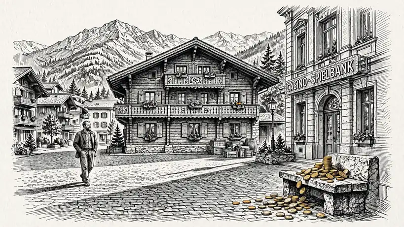 Schweizer Platz mit Chalet, Casino-Logo und Goldmünzen im warmen Licht