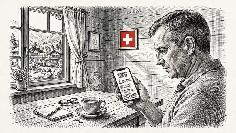 Person in Swiss living room sieht Verantwortungsbewusste Glücksspiel‑Hinweis auf Smartphone